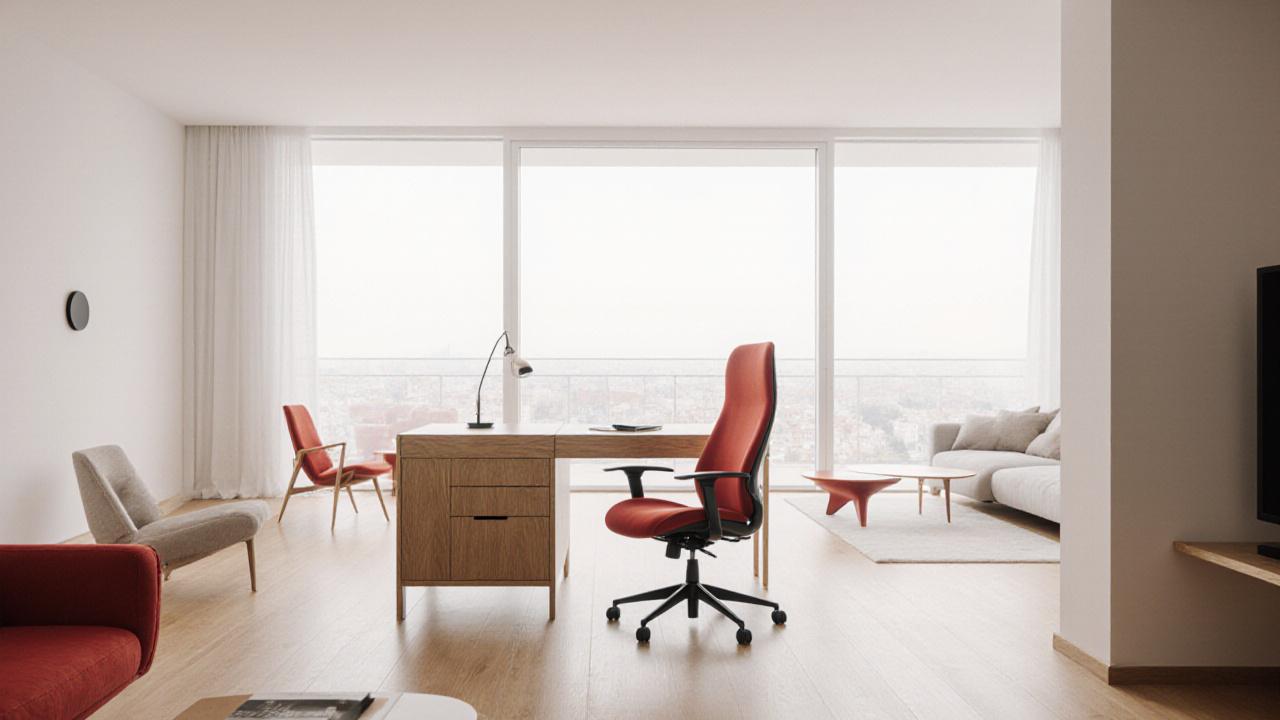 Interior minimalista en Madrid con zona de oficina integrada y luz natural