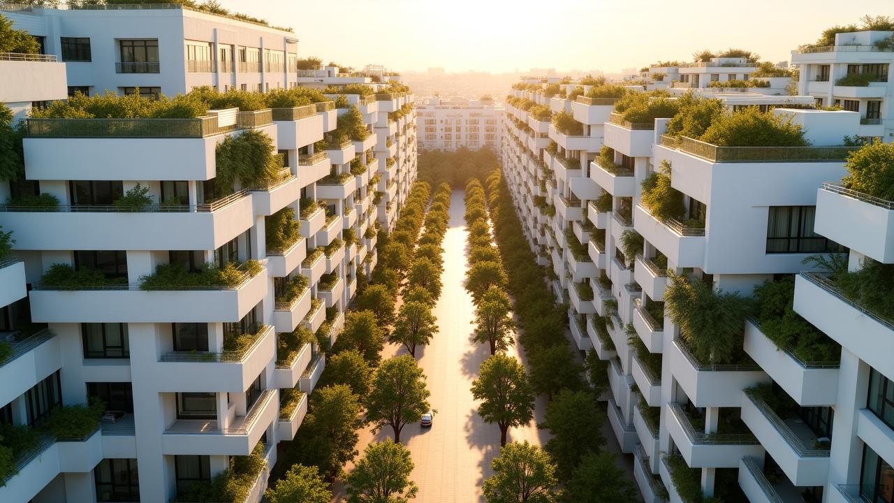 Vista aérea de desarrollo urbano sostenible en Madrid con corredores verdes